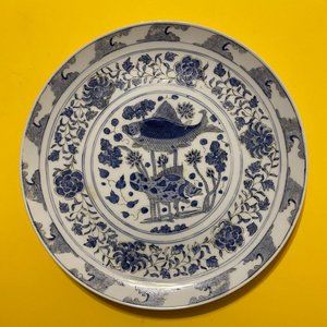 Japanese Porcelain Fish Plate Blue & White VTG, Decorated in Hong Kong A.C.F.